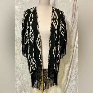 RUMORS Black & White High Low Open Front Fringed Cover Up